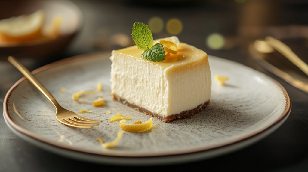 No-bake lemon cheesecake setting in fridge with lemon glaze