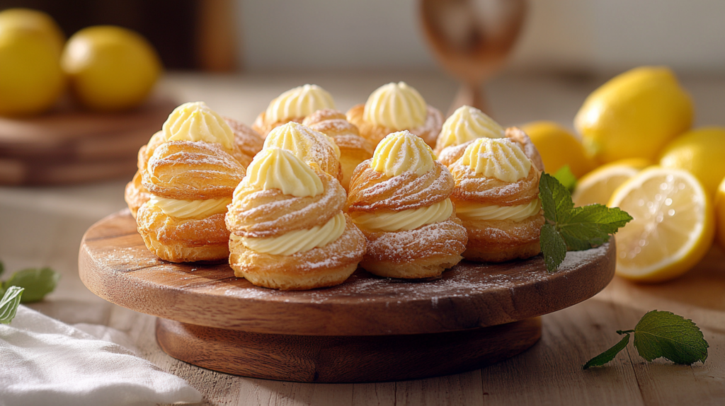 Golden lemon cream puffs with lemon filling and powdered sugar on a wooden stanD
