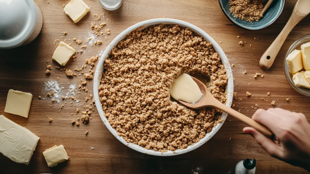 Pressing graham cracker crust into a pie dish with butter and crumbs nearby