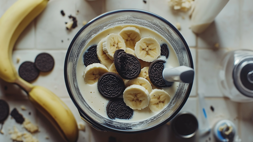 blender filled with banana, Oreo, and milk for milkshake preparation