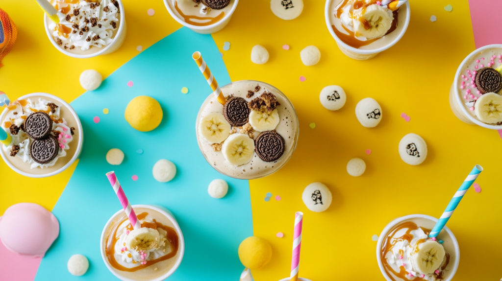 banana Oreo milkshake served in small party cups with assorted toppings