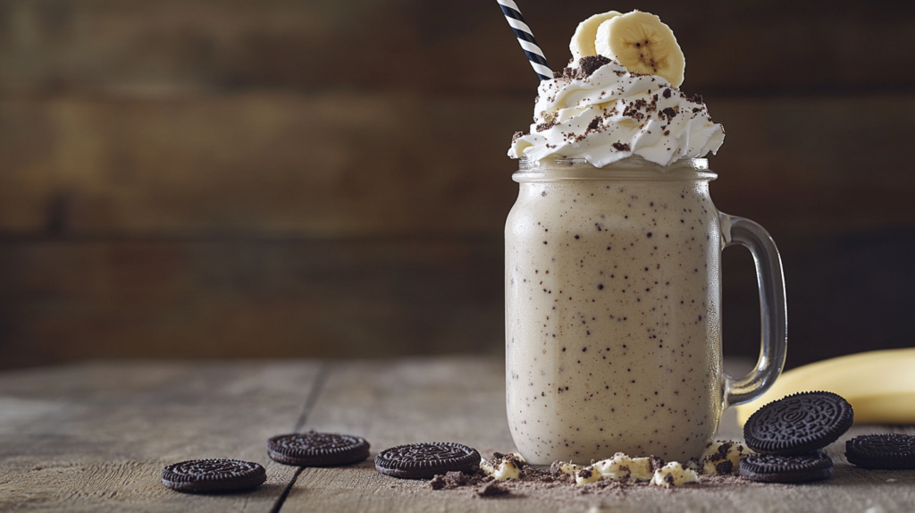 banana Oreo milkshake in a mason jar with whipped cream and cookie crumble