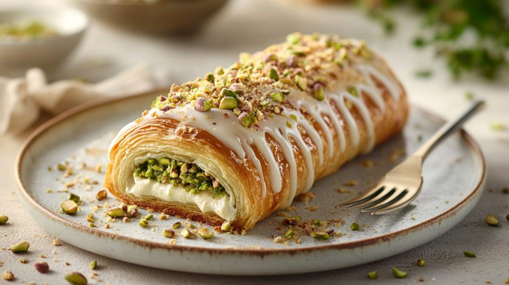 Golden New York roll with pistachio cream and glaze on dessert plate
