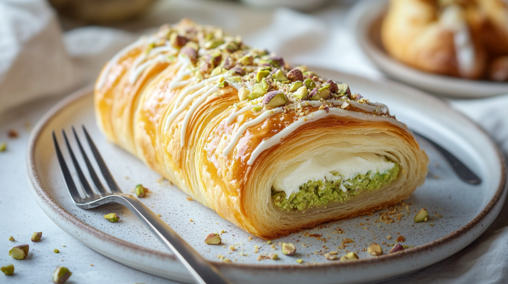 Golden New York roll with pistachio cream and glaze on dessert plate