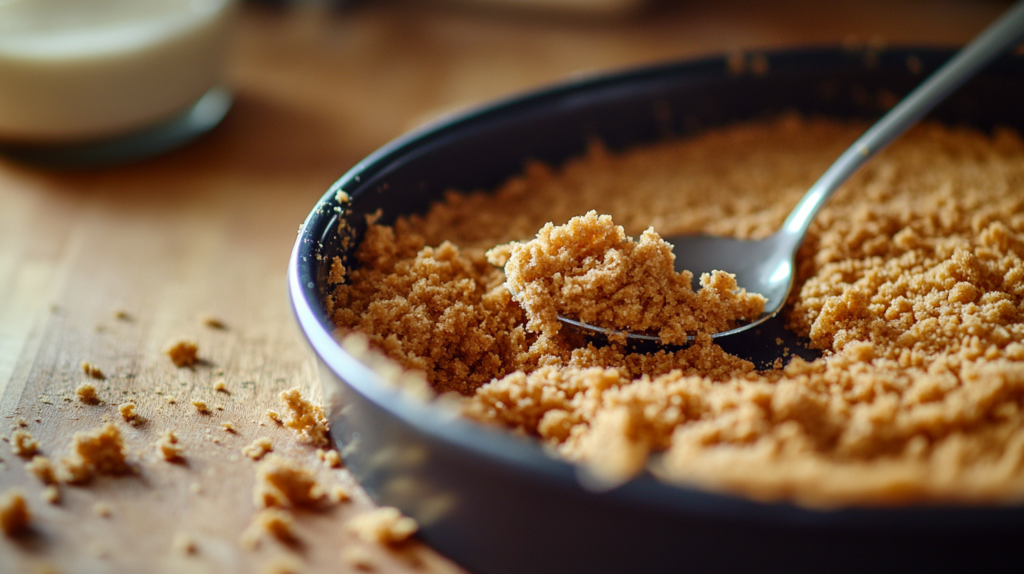 Close-up of graham cracker crust being pressed into springform pan