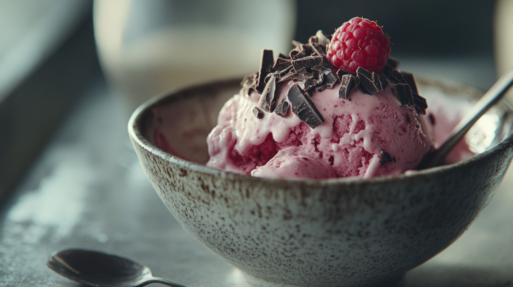 Raspberry chocolate chip ice cream in a ceramic bowl