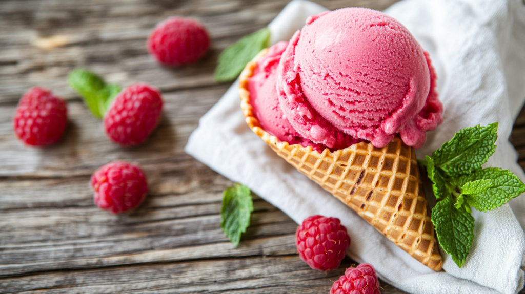 Raspberry ice cream cone with fresh berries and mint leaves