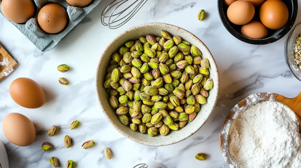 Shelled pistachios and baking ingredients for biscotti