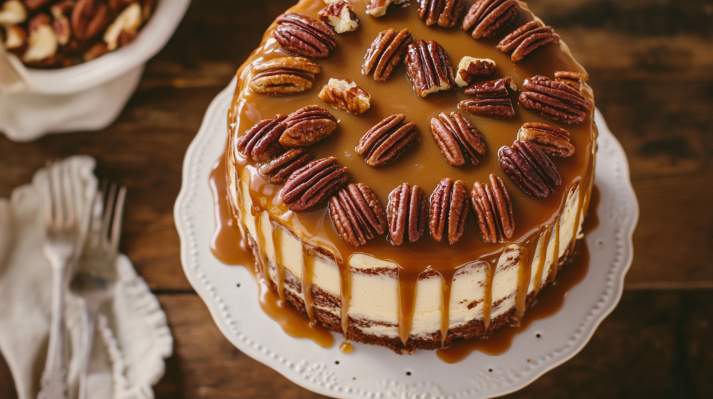 Southern Pecan Caramel Cake with caramel drizzle and toasted pecans on a cake stand