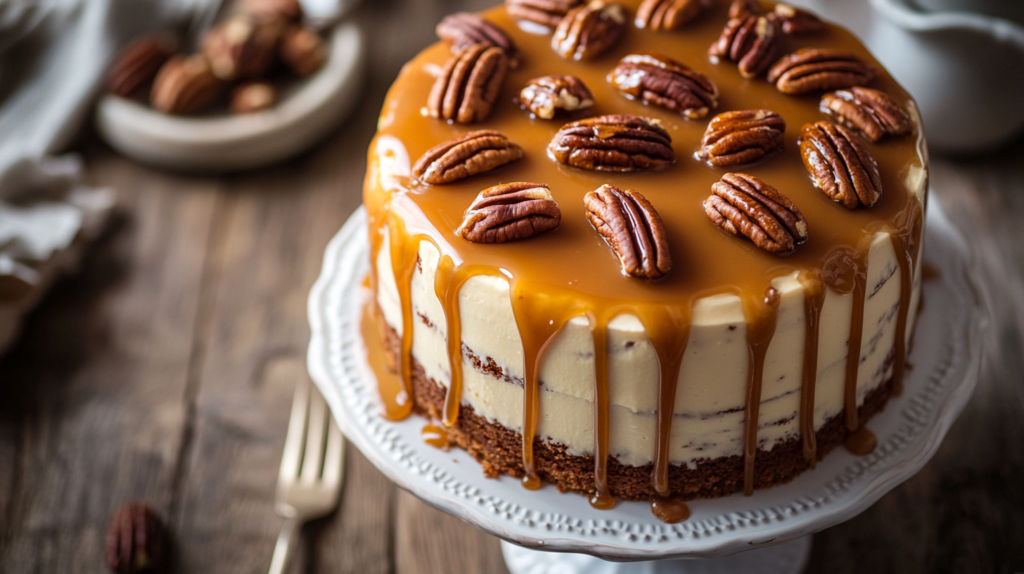 Southern Pecan Caramel Cake with caramel drizzle and toasted pecans on a cake stand