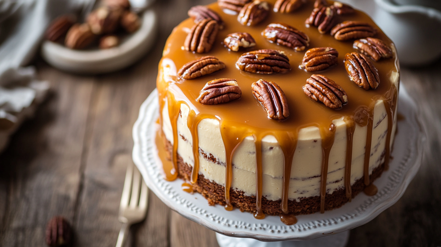 Southern Pecan Caramel Cake with caramel drizzle and toasted pecans on a cake stand