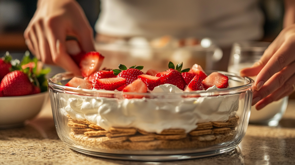 Layering strawberries and whipped cream in a dish for strawberry icebox cake