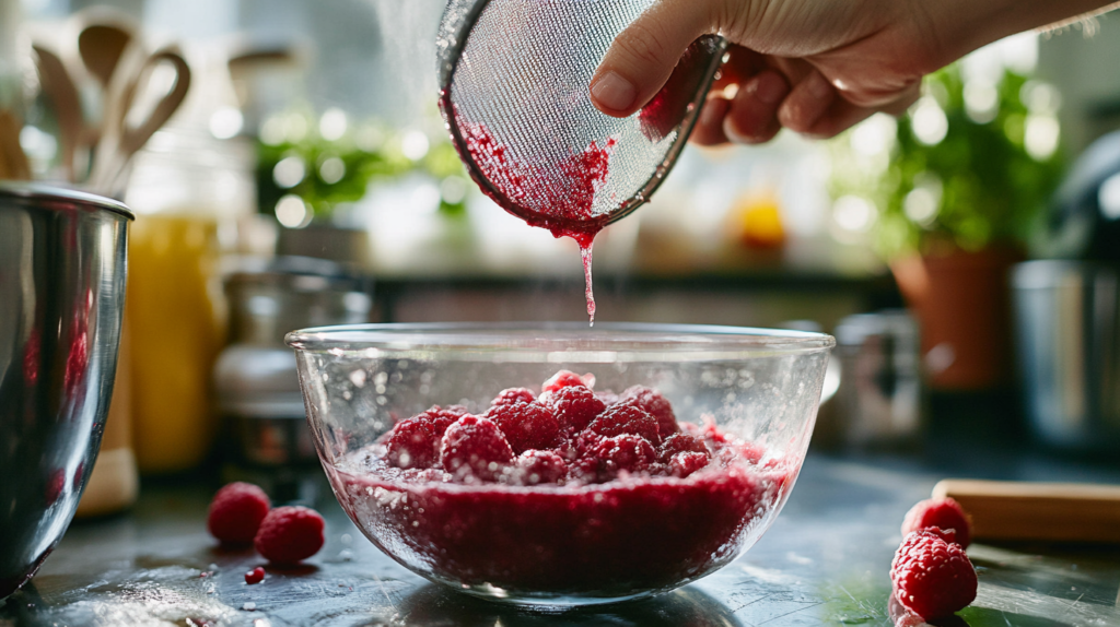 Straining fresh raspberry puree for homemade ice cream