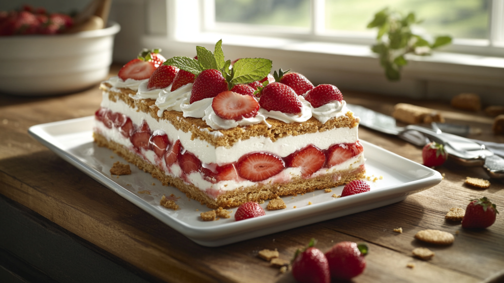 Layered Strawberry Icebox Cake with whipped cream and fresh strawberries on a white dish