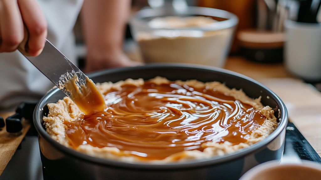 Pouring gooey coffee caramel cake batter with caramel swirl into baking pan
