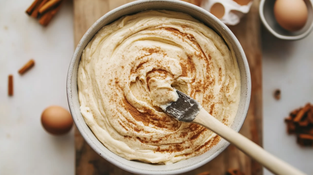 Cinnamon swirl being mixed into cheesecake batter