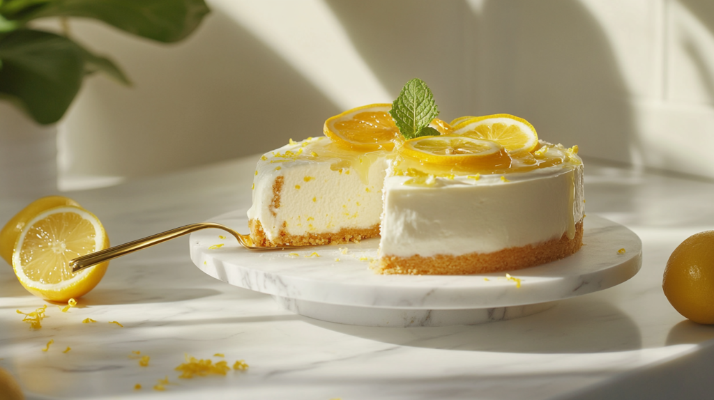 Close-up of lemon cheesecake with candied lemon topping on white cake stand