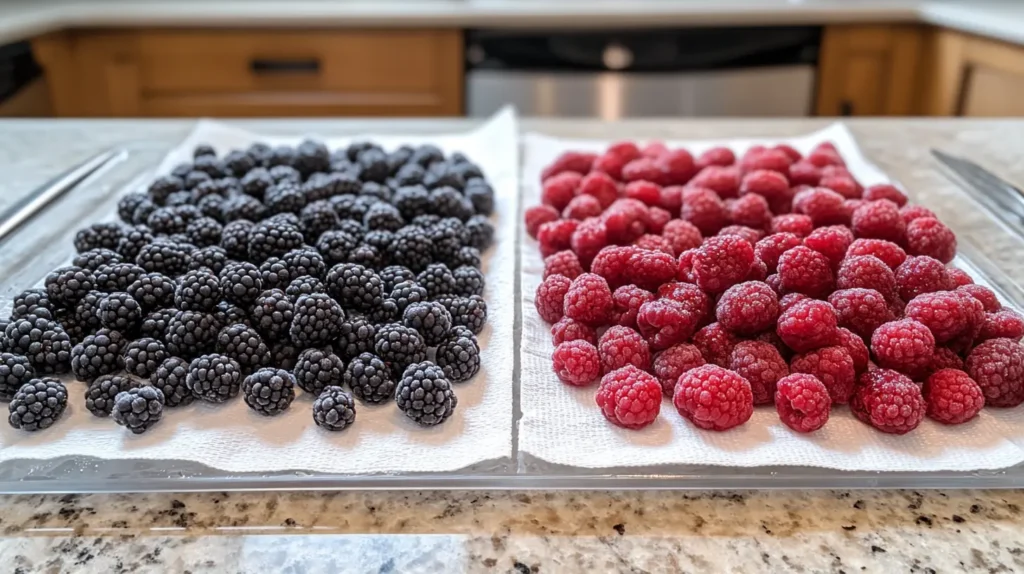 Comparison of wet vs. dry berries before using in trifle dessert