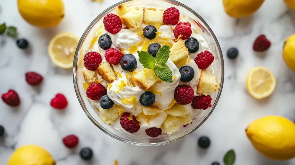 Layered lemon berry trifle in a glass bowl with cream, berries, and lemon zest