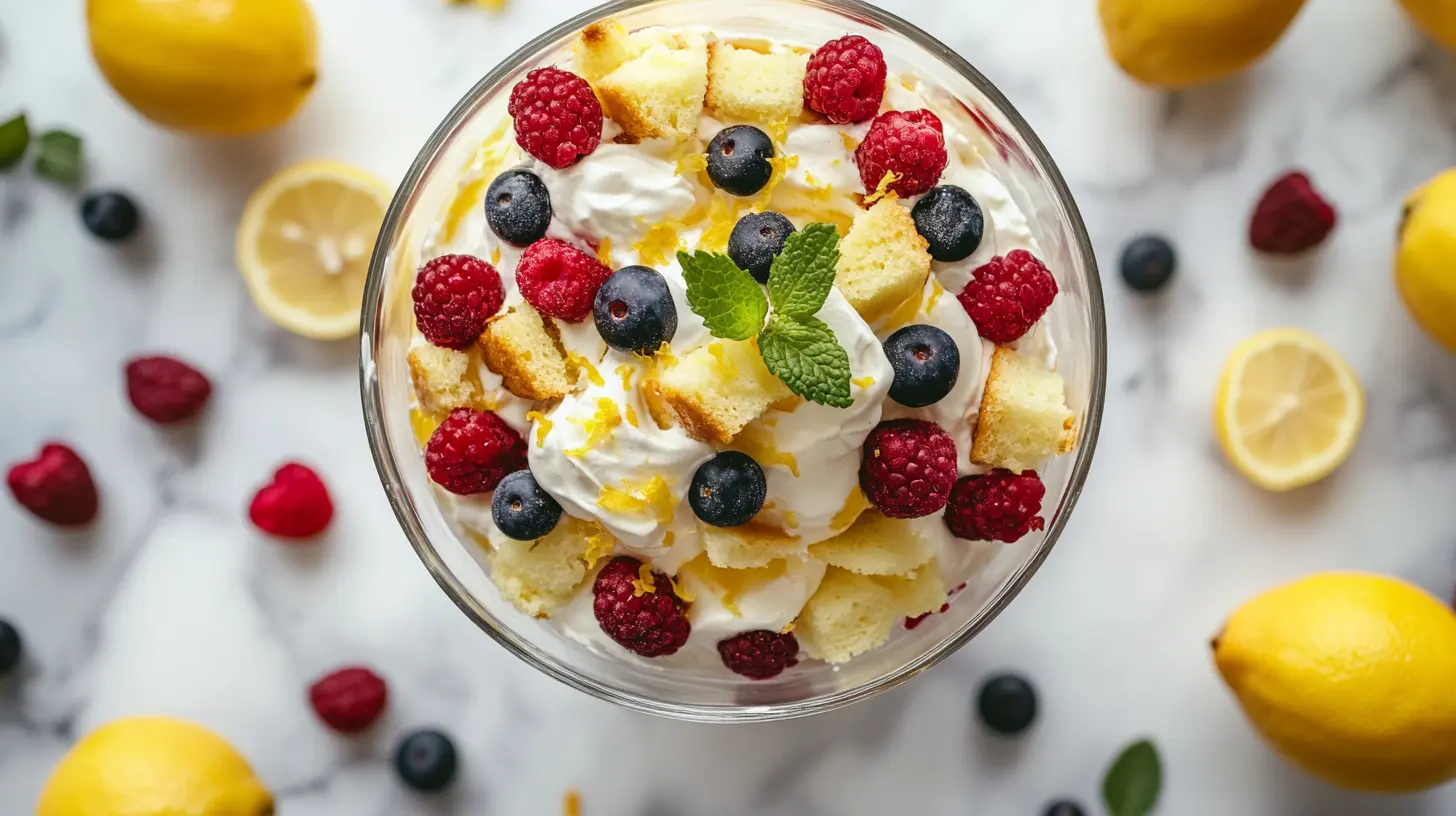 Layered lemon berry trifle in a glass bowl with cream, berries, and lemon zest