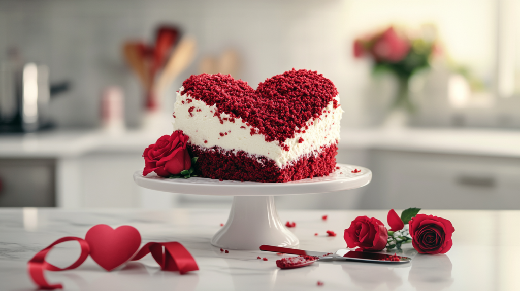 Heart shape red velvet cake with cream cheese frosting on white stand
