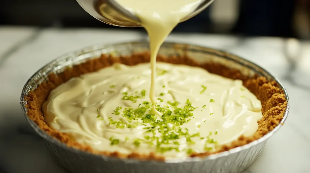  Pouring creamy lime filling into a prepared graham cracker crust