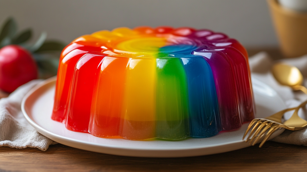 Rainbow Jell-O mold with colorful layers on a white plate