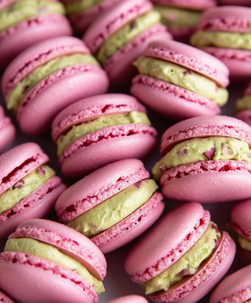 Raspberry Pistachio Macarons