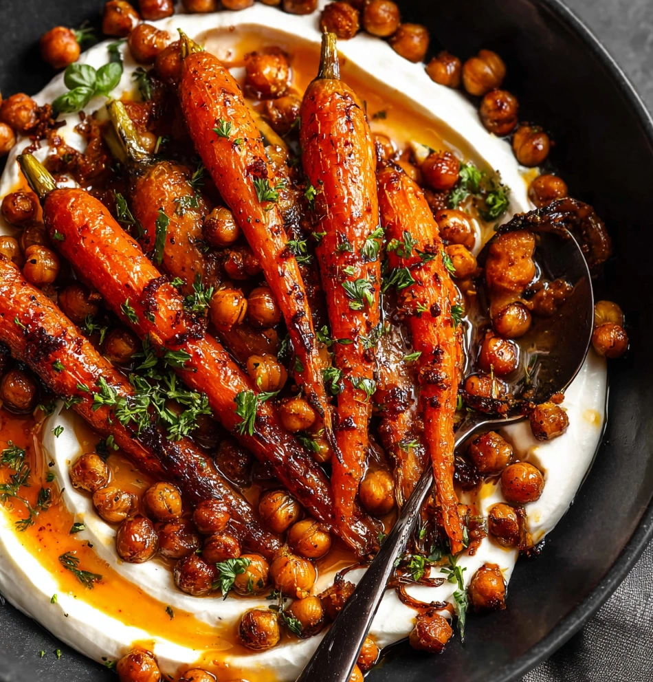 Spicy maple roast carrots with crispy chickpeas and yogurt sauce
