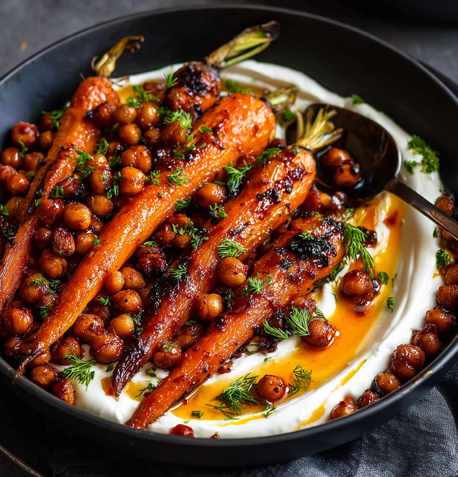 Spicy maple roast carrots with crispy chickpeas and yogurt sauce