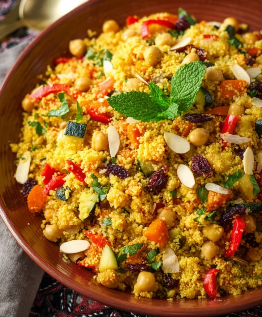 Moroccan Couscous with Roasted Vegetables Chick Peas and Almonds