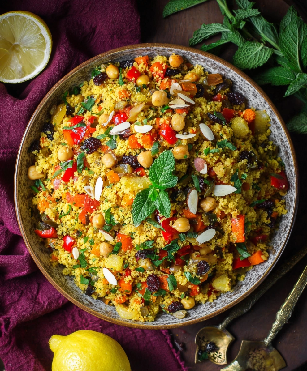 Moroccan Couscous with Roasted Vegetables Chick Peas and Almonds