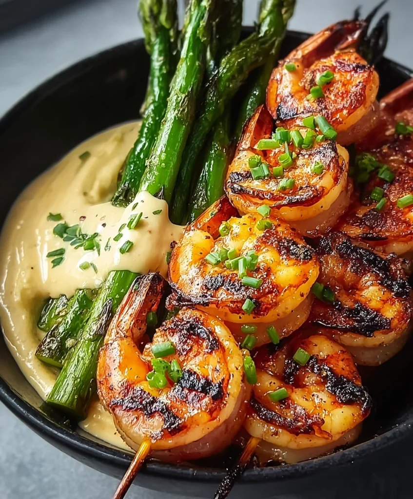 Grilled Shrimp Bowl with Asparagus & Creamy Garlic Sauce