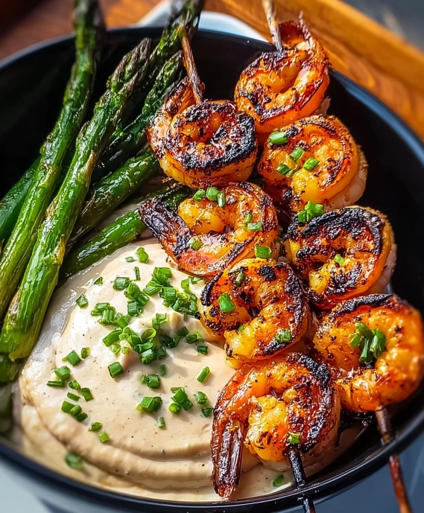 Grilled Shrimp Bowl with Asparagus & Creamy Garlic Sauce