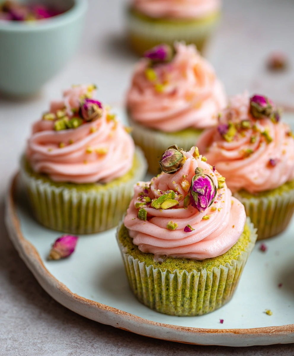 Vegan Mini Rose Pistachio Cupcakes