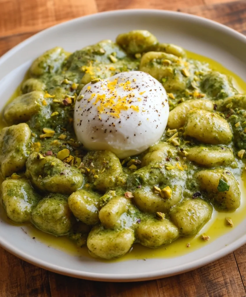 Pistachio Pesto Gnocchi with Burrata and Lemon