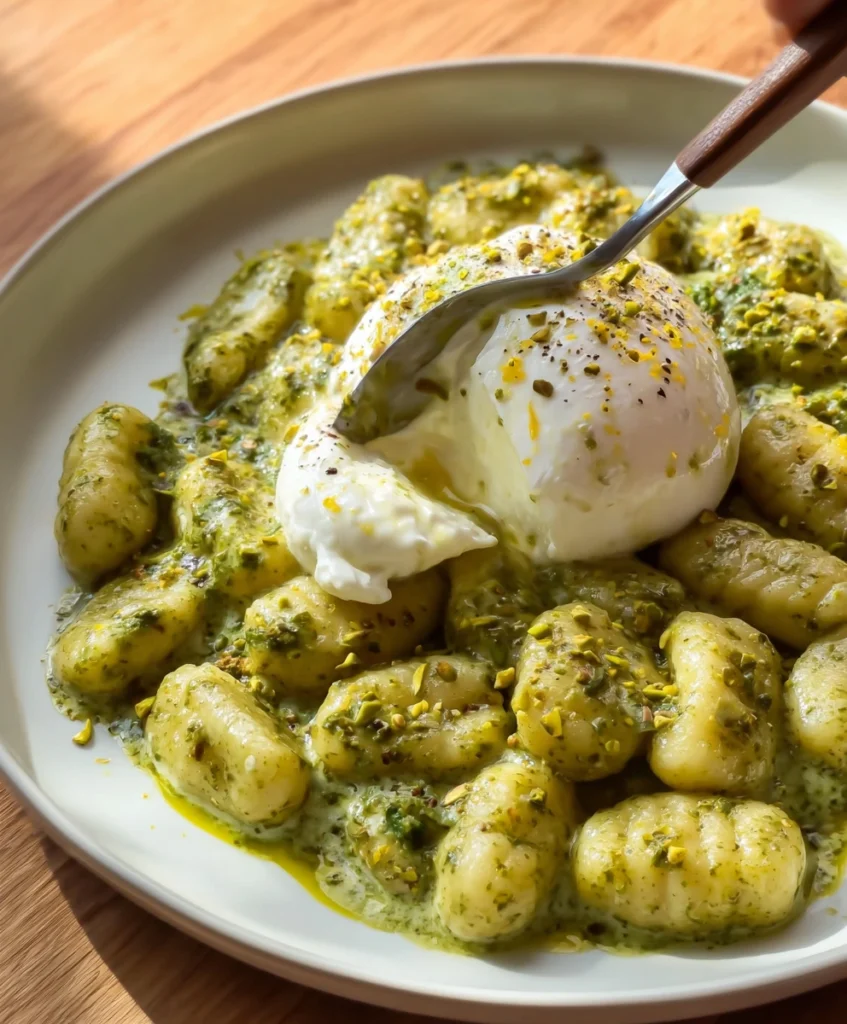 Pistachio Pesto Gnocchi with Burrata and Lemon