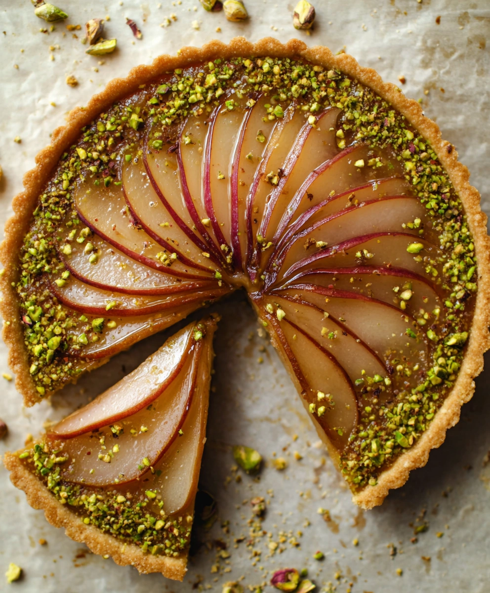 Pistachio Tart with Poached Pears