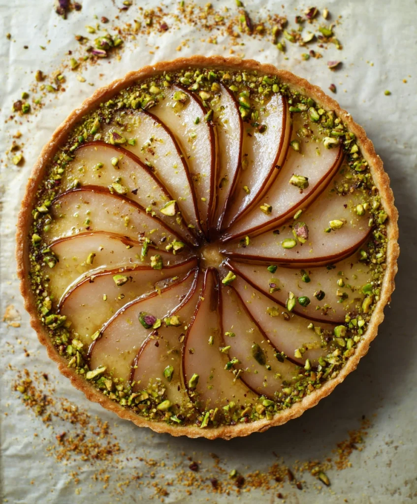 Pistachio Tart with Poached Pears