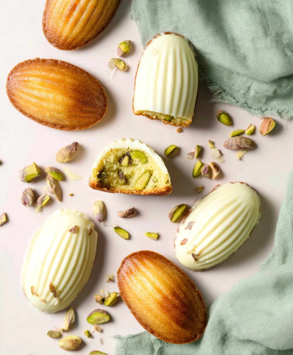 Pistachio Madeleines with White Chocolate Shell