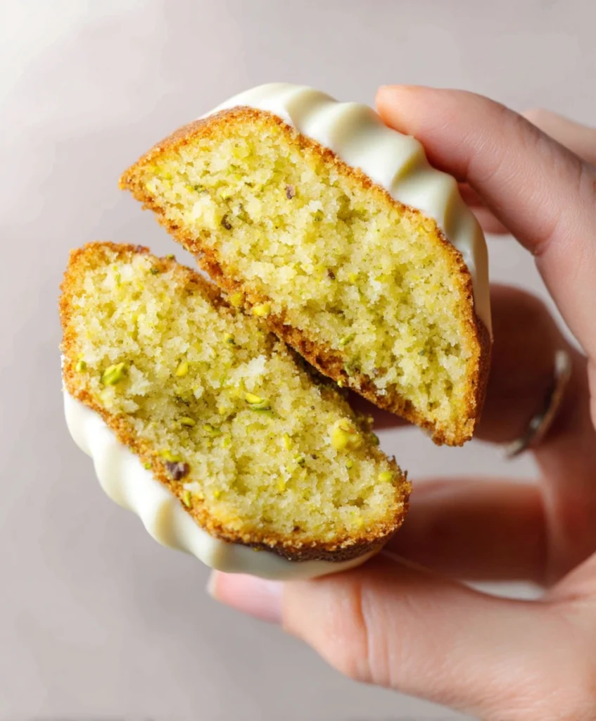 Pistachio Madeleines with White Chocolate Shell
