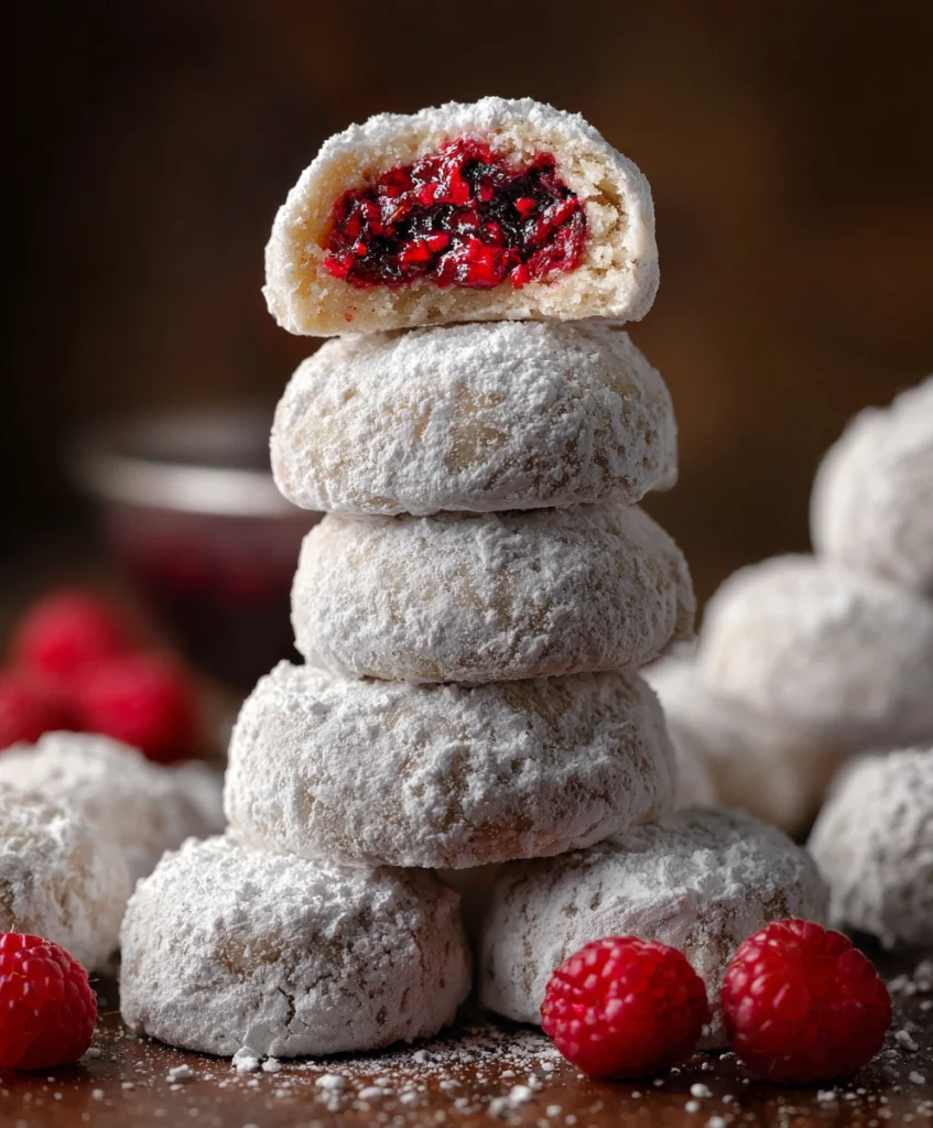 Raspberry Almond Snowball Cookies