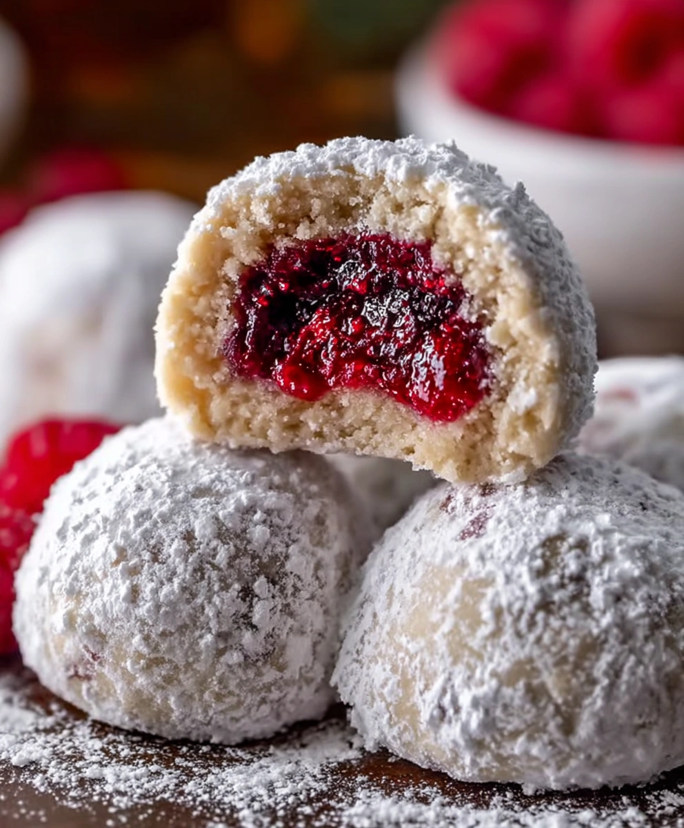 Raspberry Almond Snowball Cookies