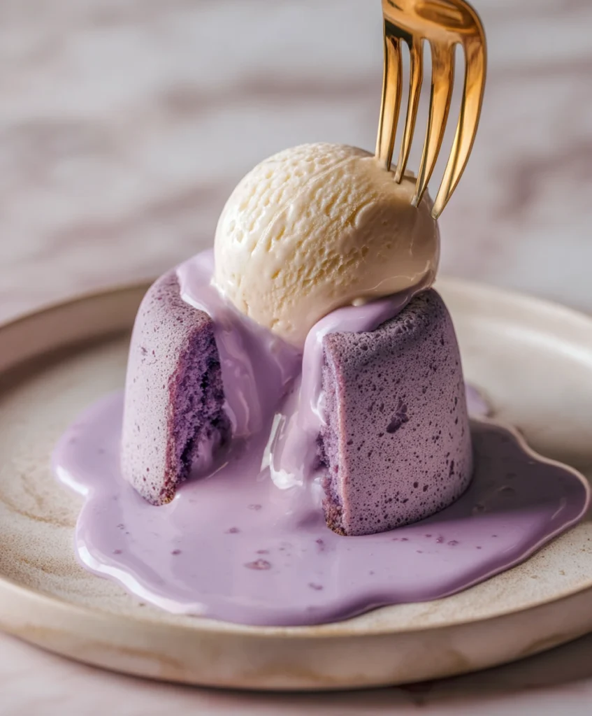 Ube lava cake with vanilla ice cream