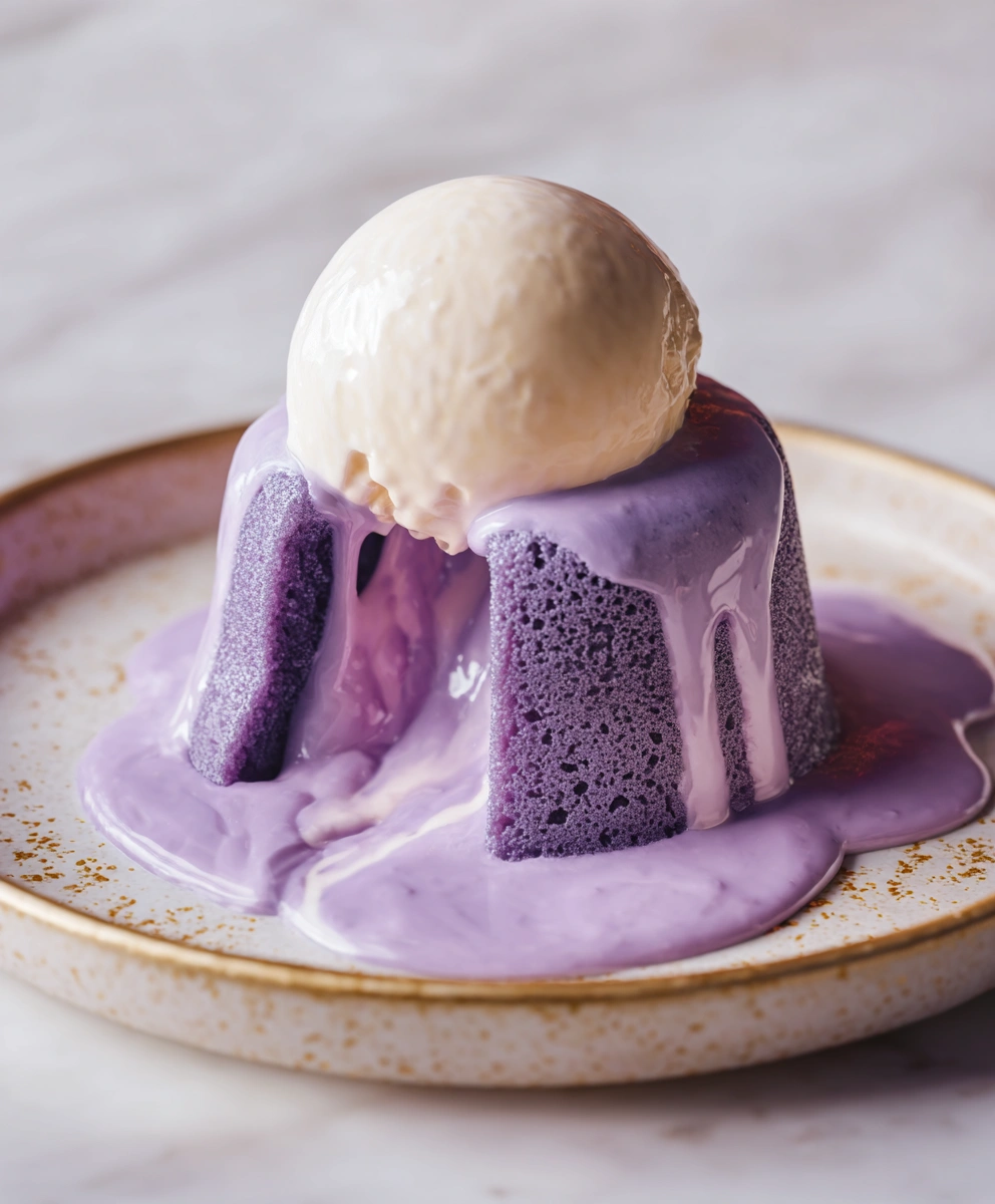 Ube lava cake with vanilla ice cream