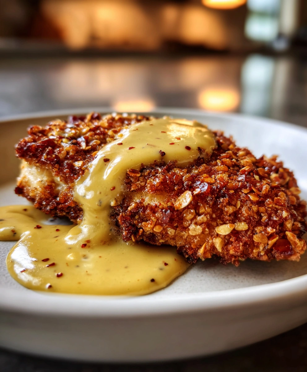 Pretzel Chicken with Mustard-Cheddar Sauce