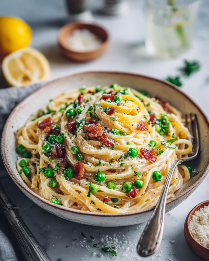 Lemon Ricotta Linguini with Pancetta and Peas