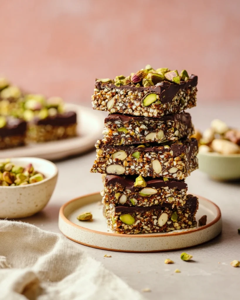 Salted Dark Chocolate Pistachio Quinoa Crunch Bars