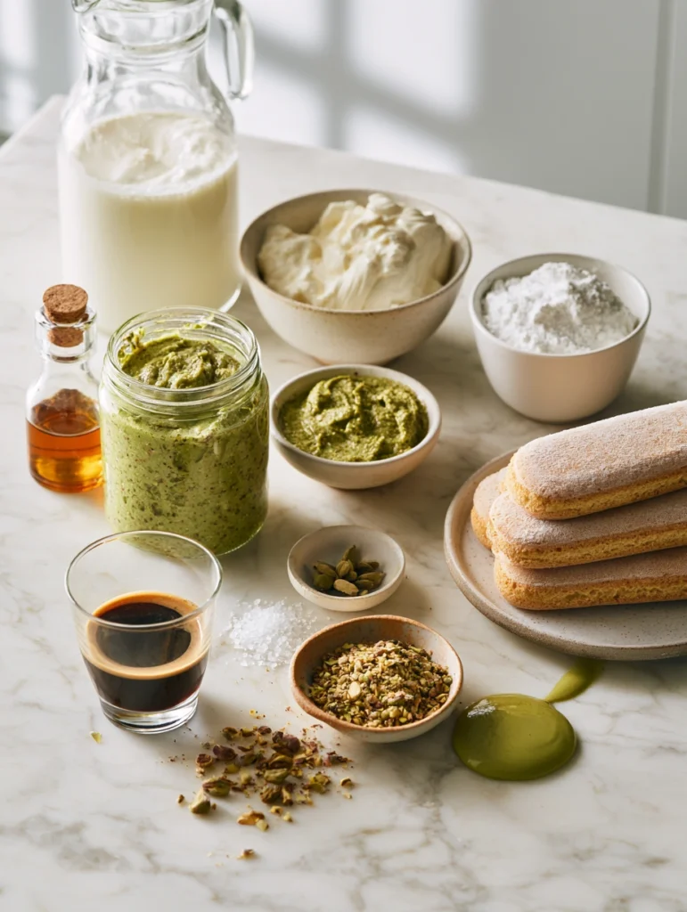 No Egg Creamy Pistachio Tiramisu 