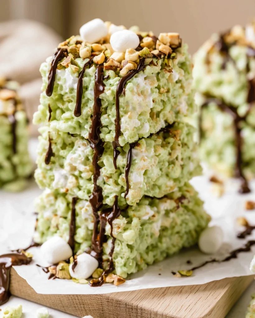 Pistachio Rice Krispie Treats with Dark Chocolate